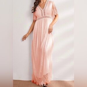 Blush Pink Lace Maxi Dress – Boho V-Neck Short Sleeve Empire Waist